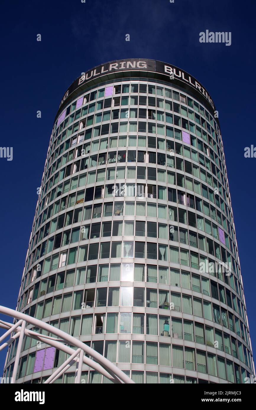 The Rotunda, Grade II listed building, is a cylindrical high-rise building in Birmingham City Centre, West Midlands, England seen in August 2022. Stock Photo