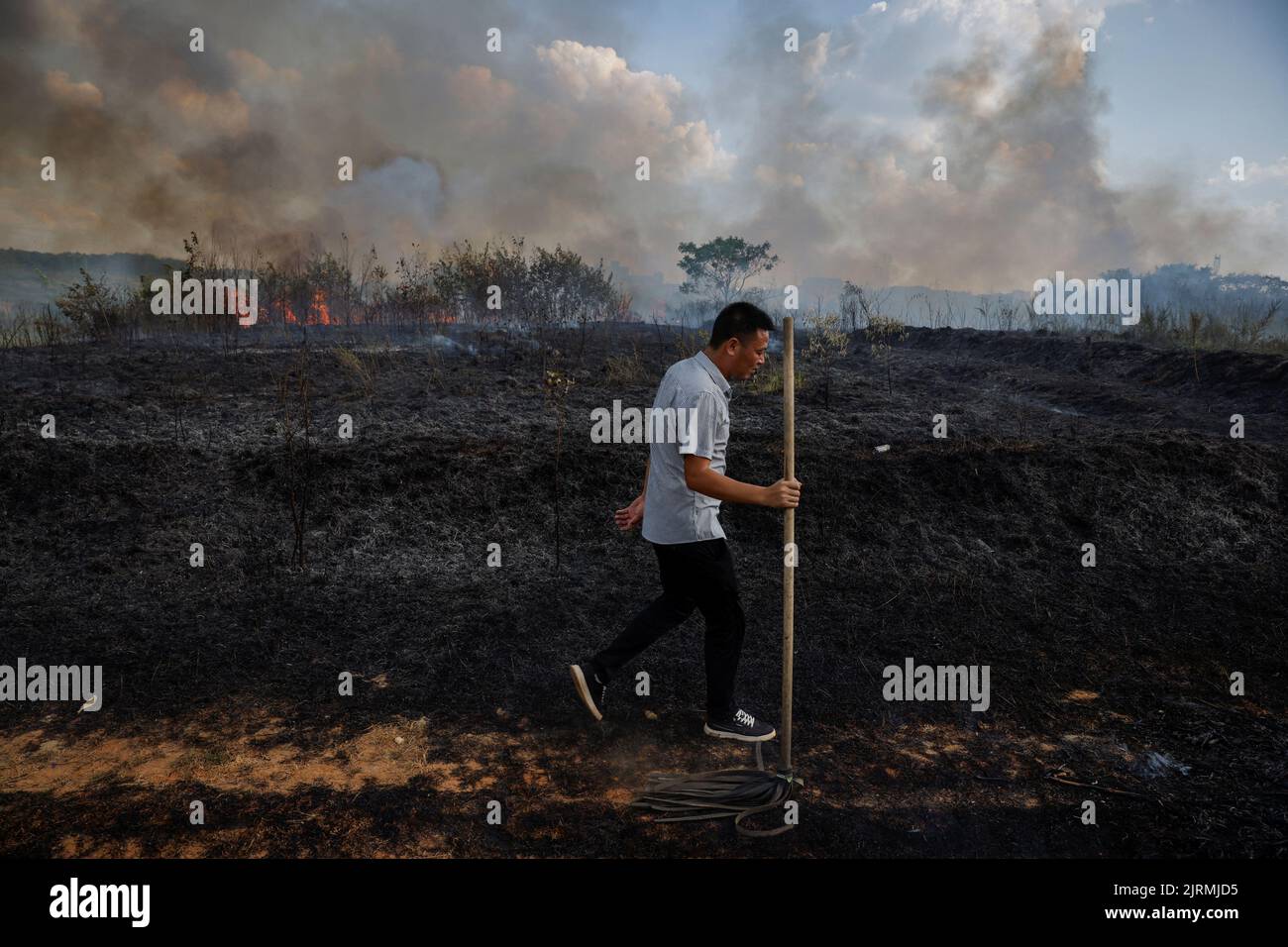 A villager walks past a charred field that was destroyed by a brush fire during a drought in Xinyao village, Nanchang city, Jiangxi province, China, August 25, 2022.  REUTERS/Thomas Peter Stock Photo