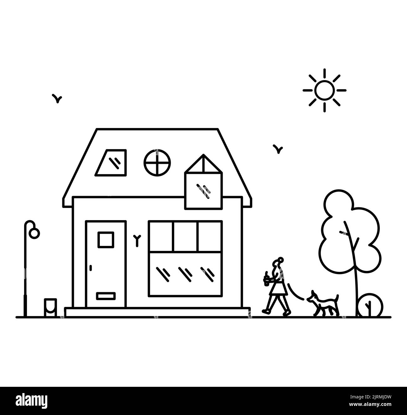 Neighborhood line art picture. Woman walking with the dog. Stock Vector