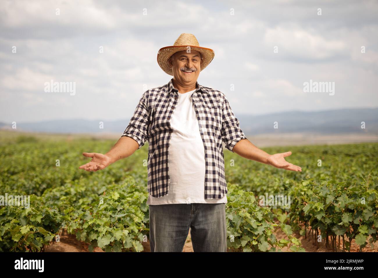 Mature male worker standing on a grapevine nursery and gesturing with hands Stock Photo