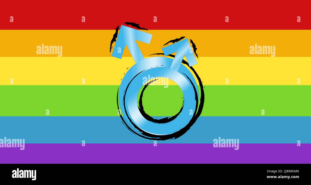 Digitally generated image of blue male gender symbols over rainbow flag