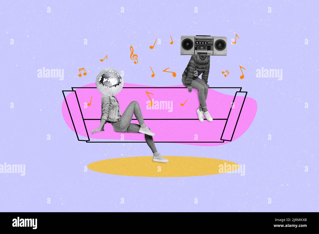 Artwork collage of two fellows with boom box disco ball faces have hen