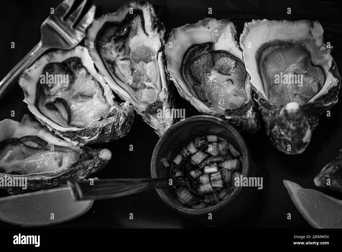 Fresh oyster platter served with classic mignonette sauce. Black white historic phoot Stock Photo