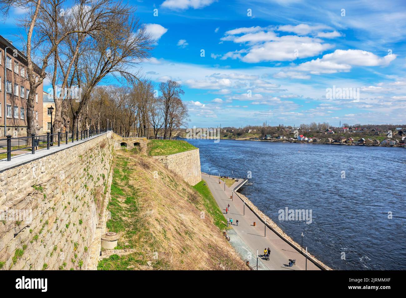 View to city promenade and border Narva river. Narva, Estonia, Baltic States Stock Photo