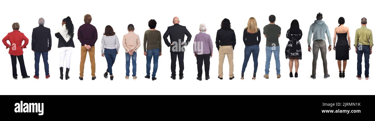rear view of large group of people on white background Stock Photo - Alamy