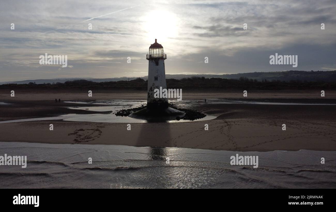 An aerial view of the Point of Ayr Lighthouse in Wales,United Kingdom Stock Photo