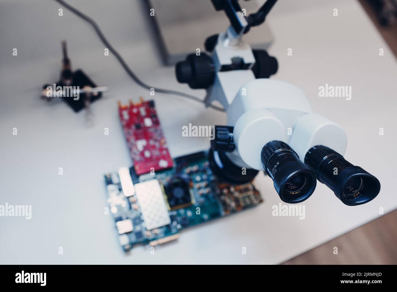Microscope in Scientific research tech Laboratory on table Stock Photo ...