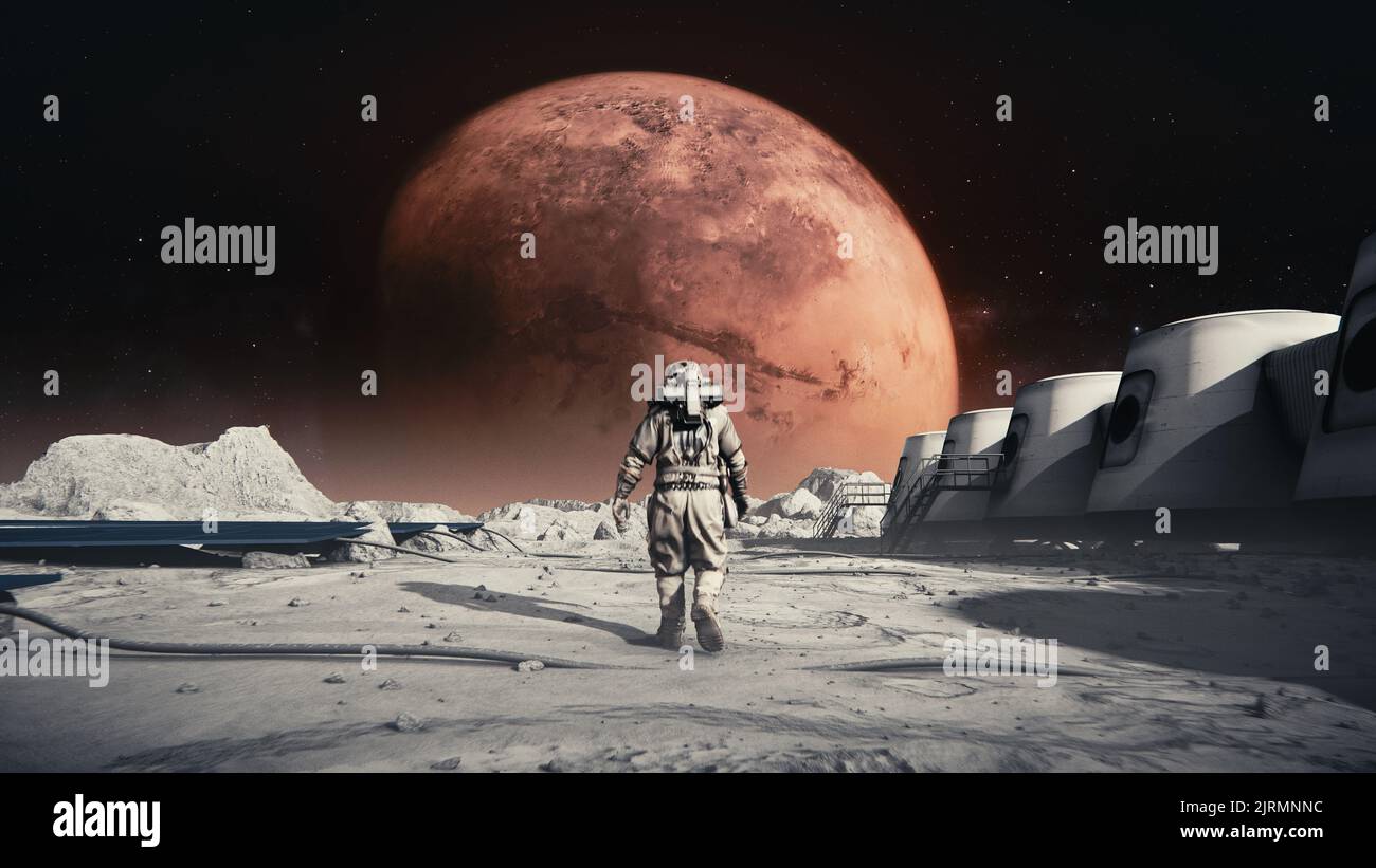An Astronaut in a space suit walking on the moon's surface towards the ...