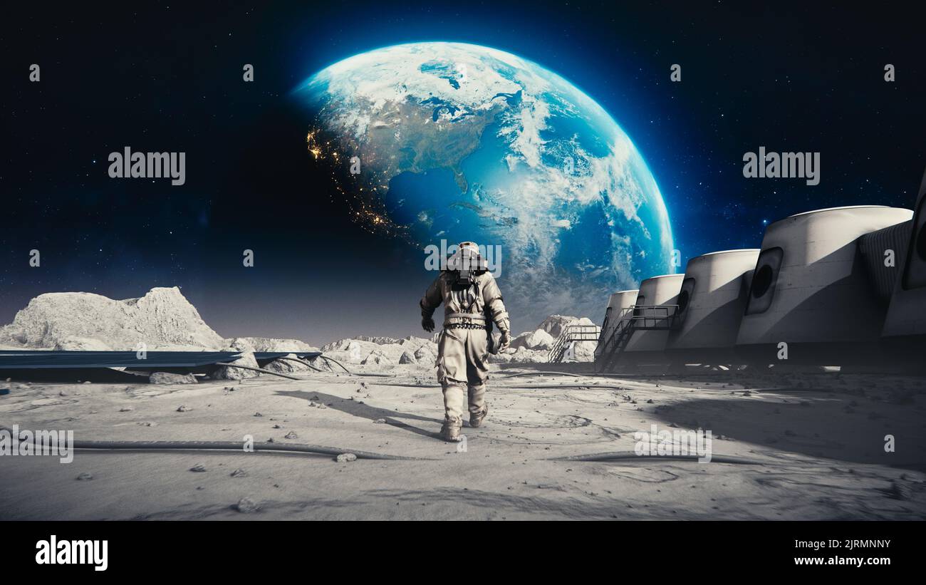 An Astronaut in a space suit walking on the moon's surface towards the ...