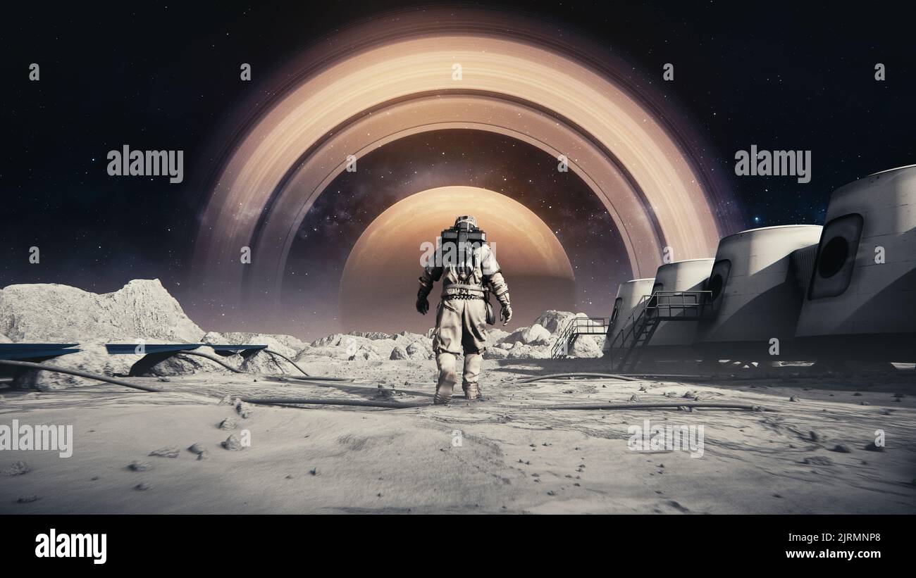 An Astronaut in a space suit walking on the moon's surface towards the ...