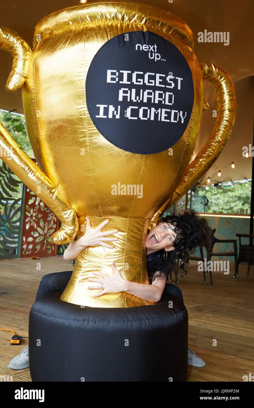 Edinburgh, UK. 25th Aug, 2022. Jordan Gray (pictured) wins NextUp's ‘Biggest Award in Comedy' at the Edinburgh Festival Fringe for her show 'Is it a Bird'. A giant two metre inflateable trophy was Awarded to Jordan by NextUp. Credit: Brian Wilson/Alamy Live News Stock Photo
