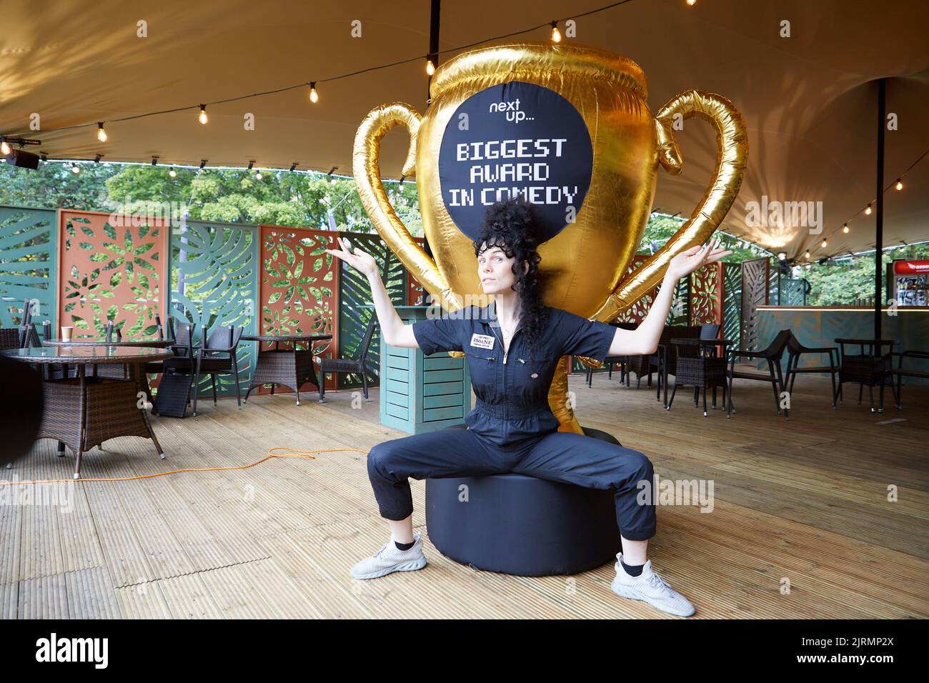 Edinburgh, UK. 25th Aug, 2022. Jordan Gray (pictured) wins NextUp's ‘Biggest Award in Comedy' at the Edinburgh Festival Fringe for her show 'Is it a Bird'. A giant two metre inflateable trophy was Awarded to Jordan by NextUp. Credit: Brian Wilson/Alamy Live News Stock Photo