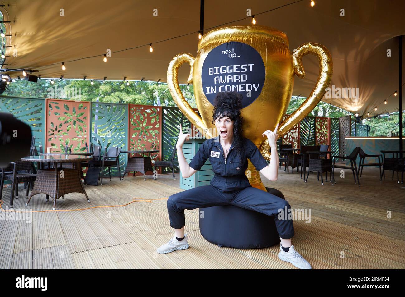 Edinburgh, UK. 25th Aug, 2022. Jordan Gray (pictured) wins NextUp's ‘Biggest Award in Comedy' at the Edinburgh Festival Fringe for her show 'Is it a Bird'. A giant two metre inflateable trophy was Awarded to Jordan by NextUp. Credit: Brian Wilson/Alamy Live News Stock Photo