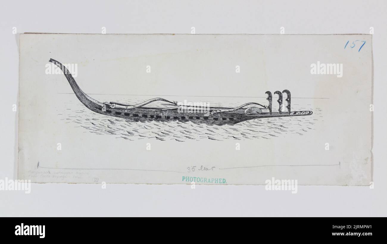 Outrigger canoe of Marquesas Group showing Tahitian forms of prow and