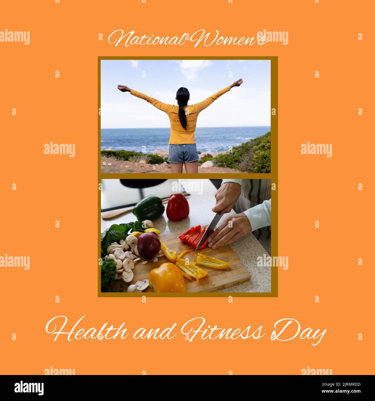 Collage of caucasian women looking at sea and cutting vegetables, women's health and fitness day Stock Photo
