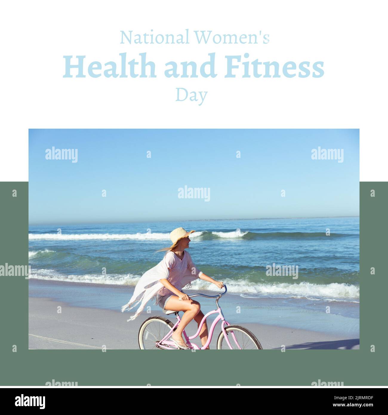 Digital image of caucasian young woman riding bicycle at beach, women health and fitness day text Stock Photo