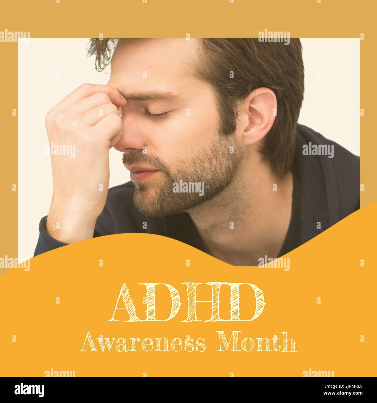 Digital composite image of worried caucasian mid adult man with adhd awareness month text Stock Photo