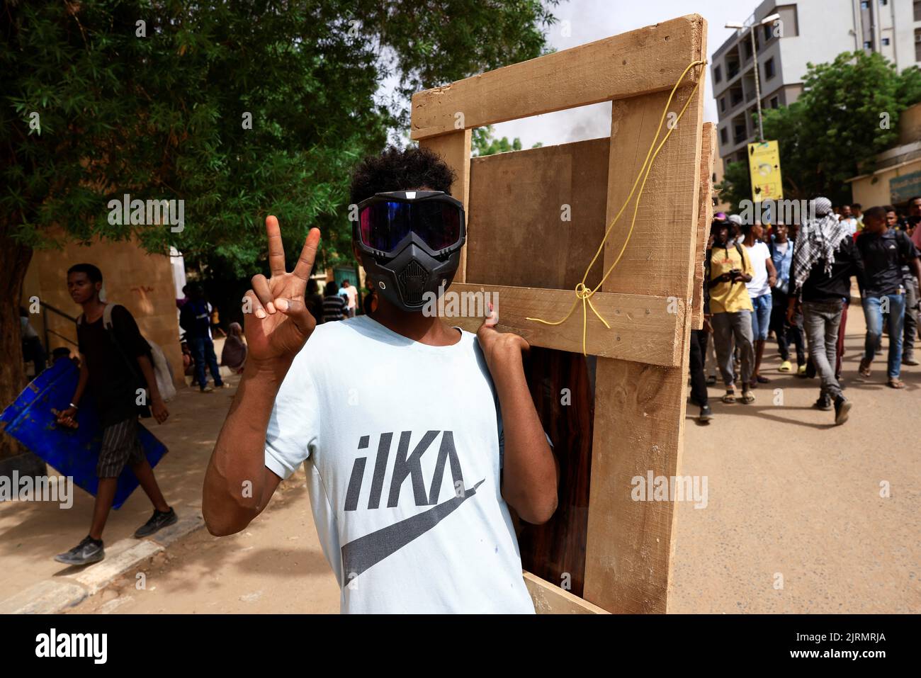 A protester gestures during at a rally against military rule following the last coup, in Khartoum, Sudan August 25, 2022. REUTERS/Mohamed Nureldin Abdallah Stock Photo