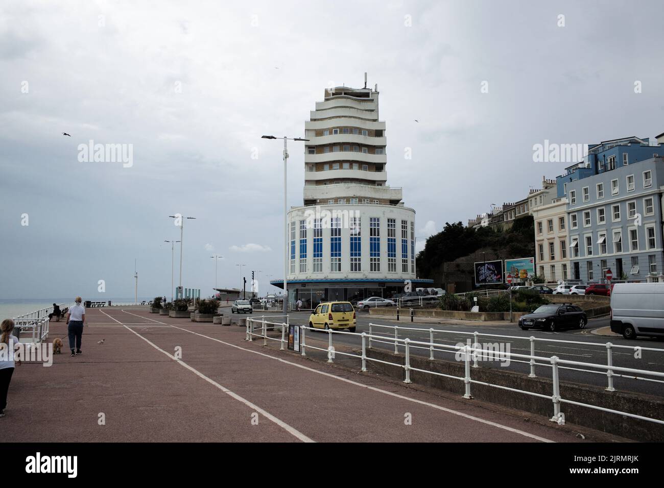 Marine Court is a Grade II listed Streamline Moderne (Art Deco) apartment block on the seafront of St Leonards-on-Sea, Stock Photo