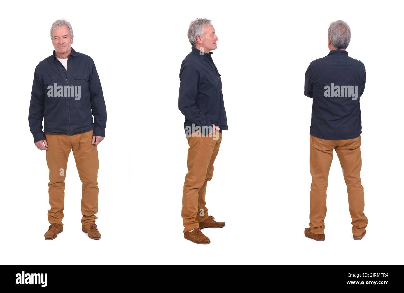view of same mes with front , side and back view on white background Stock Photo