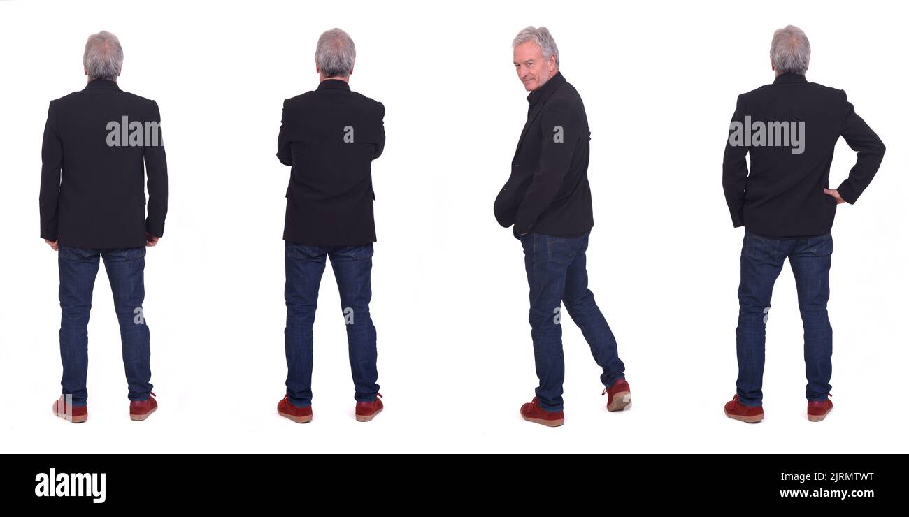 various poses of the same man from behind on white background Stock