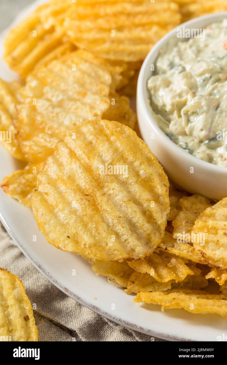 Unhealthy Potato Chips and Dip Appetizer Ready to Eat Stock Photo Alamy