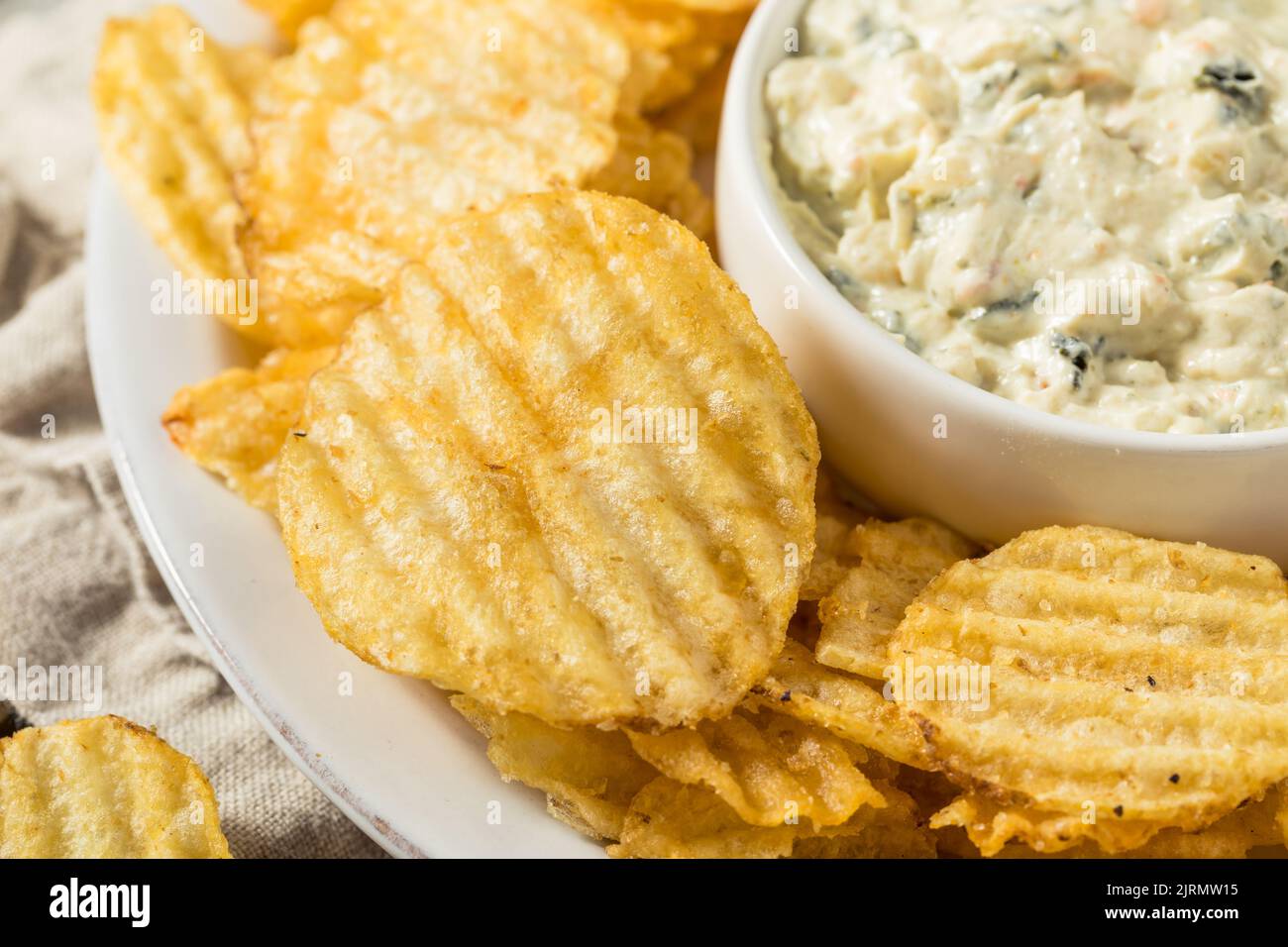 Unhealthy Potato Chips and Dip Appetizer Ready to Eat Stock Photo Alamy
