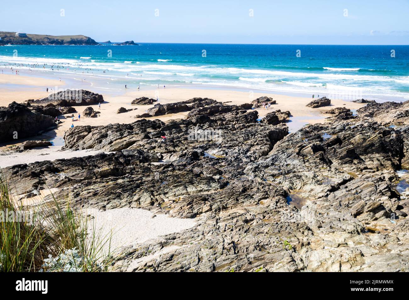 Across The Rocks View across the rocks looking out to sea In Newquay, Cornwall,uk Stock ...
