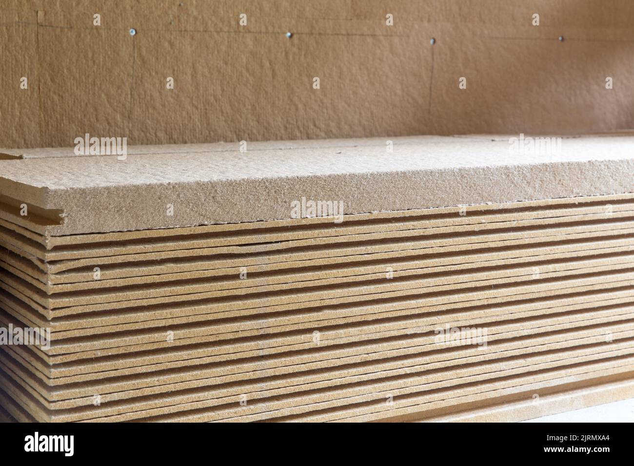 materials background - compressed thermal insulating hemp fiber bonded panels Stock Photo