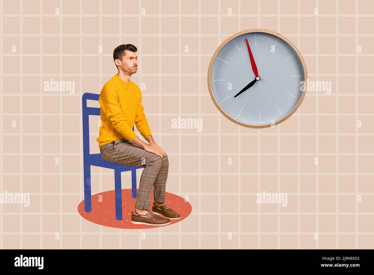 Composite collage picture of guy sit chair look wall watch waiting ...
