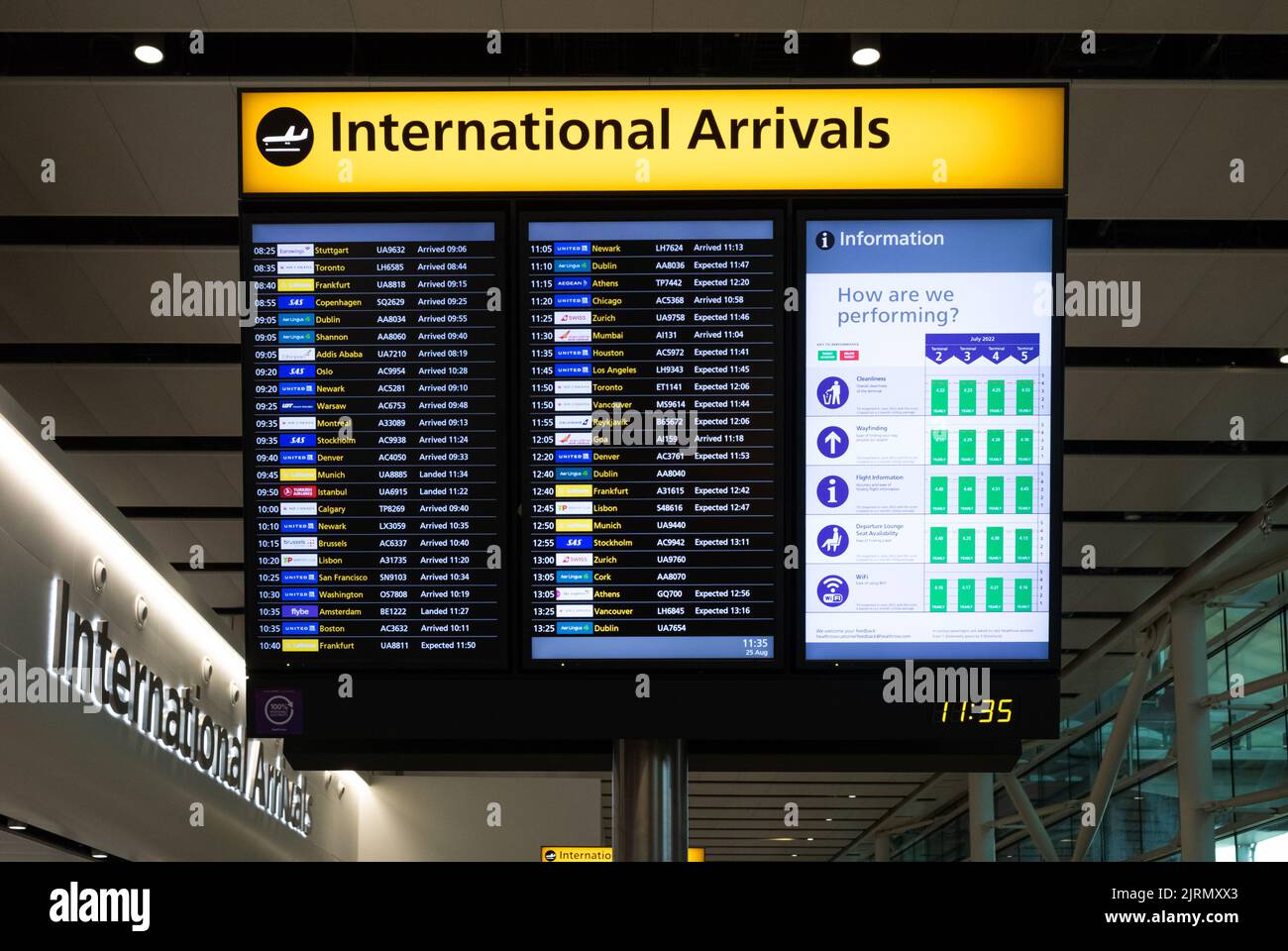 An International Arrivals information board within London Heathrow Terminal Two, the UK's busiest airport. Heathrow, says passenger number limits and flight cancellations imposed last month have helped ease severe congestion and delays. After the Covid-19 pandemic, Heathrow lacked trained and security cleared staff, leaving many passengers facing massive delays and lost luggage. Stock Photo
