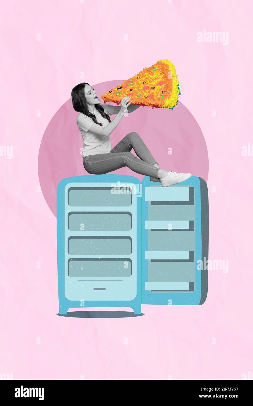 Photo sketch graphics artwork picture of funny funky lady eating huge pizza piece isolated drawing background Stock Photo