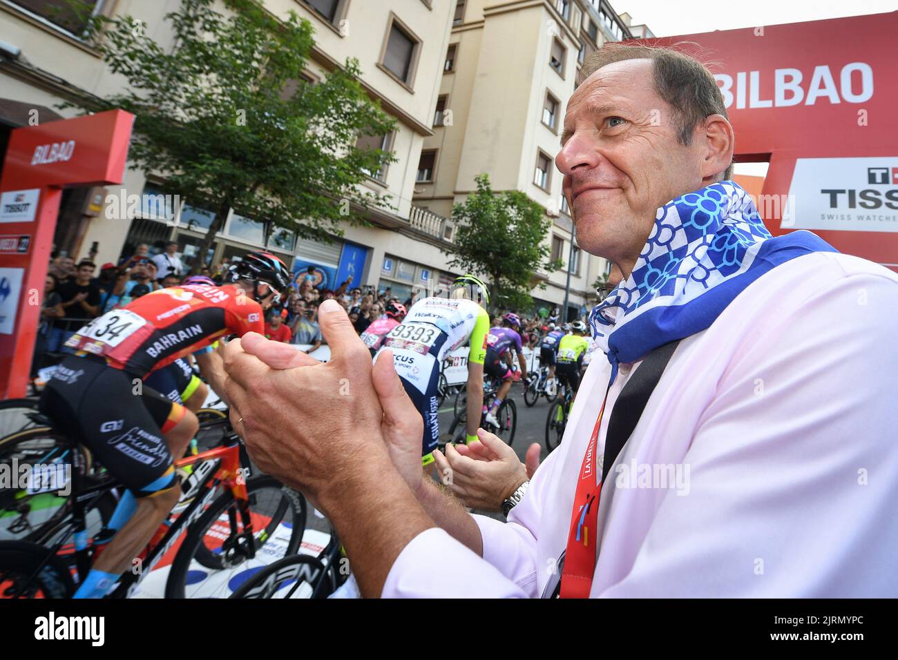 Christian Prudhomme, cycling director of ASO (Amaury Sport Organisation), pictured at the start in Bilbao where le Grand Depart of the Tour de France will be held in 2023, at stage 6 of the 2022 edition of the 'Vuelta a Espana', Tour of Spain cycling race, from from Bilbao to Ascension al Pico Jano (181,2 km), Spain, Thursday 25 August 2022. BELGA PHOTO DAVID STOCKMAN Stock Photo