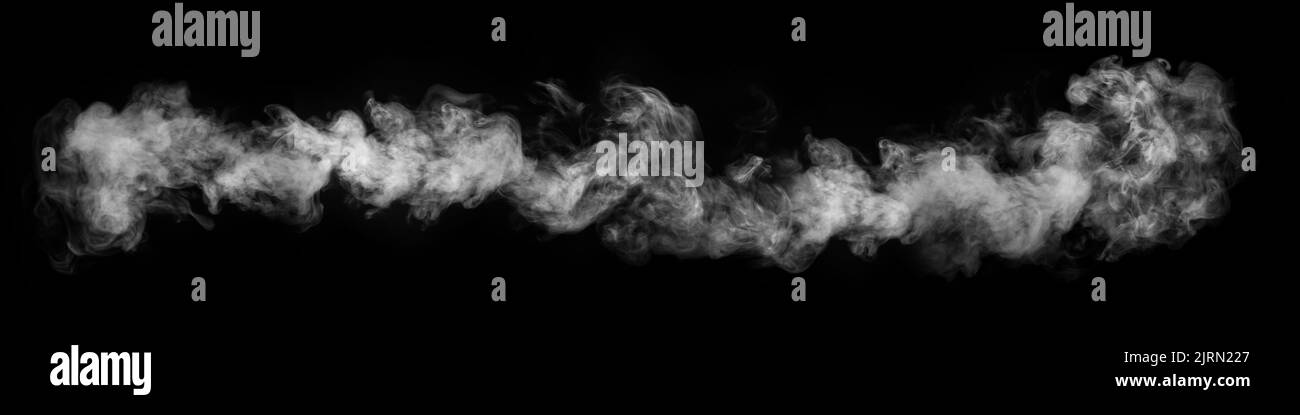 Panorama of steam, smoke, gas isolated on a black background. Swirling ...