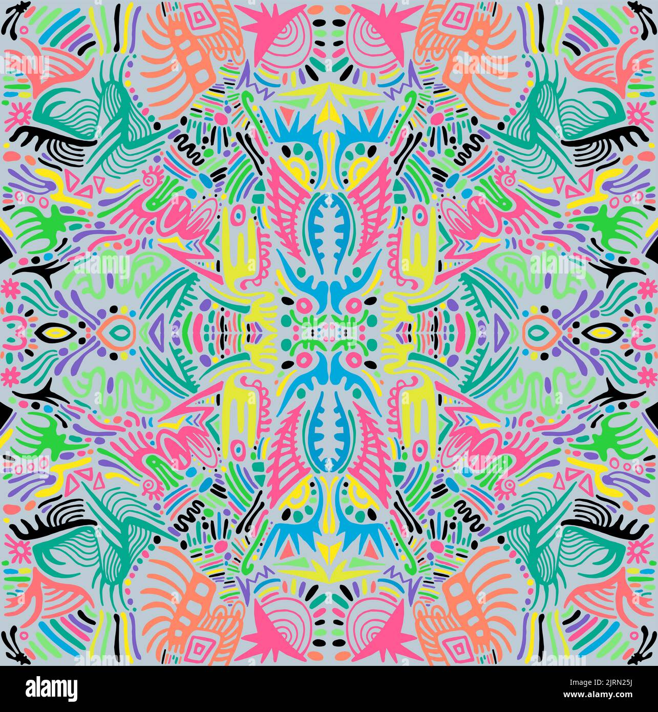 Psychedelic symmetrical motley hippie trippy abstract pattern with many intricate ornaments, bright neon multicolor color texture. Stock Vector