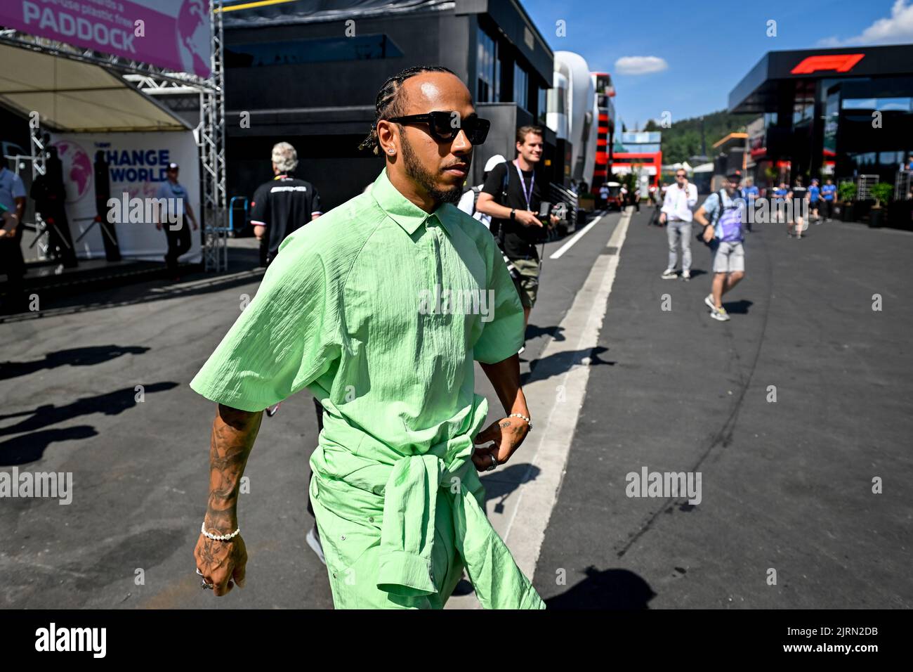 Mercedes-AMG Petronas UK rider Lewis Hamilton pictured during preparations for the Grand Prix F1 of Belgium race, in Spa-Francorchamps, Wednesday 24 August 2022. The Spa-Francorchamps Formula One Grand Prix takes place this weekend, from August 26th to August 28th. BELGA PHOTO DIRK WAEM Stock Photo
