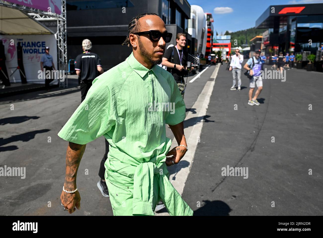 Mercedes-AMG Petronas UK rider Lewis Hamilton pictured during preparations for the Grand Prix F1 of Belgium race, in Spa-Francorchamps, Wednesday 24 August 2022. The Spa-Francorchamps Formula One Grand Prix takes place this weekend, from August 26th to August 28th. BELGA PHOTO DIRK WAEM Stock Photo