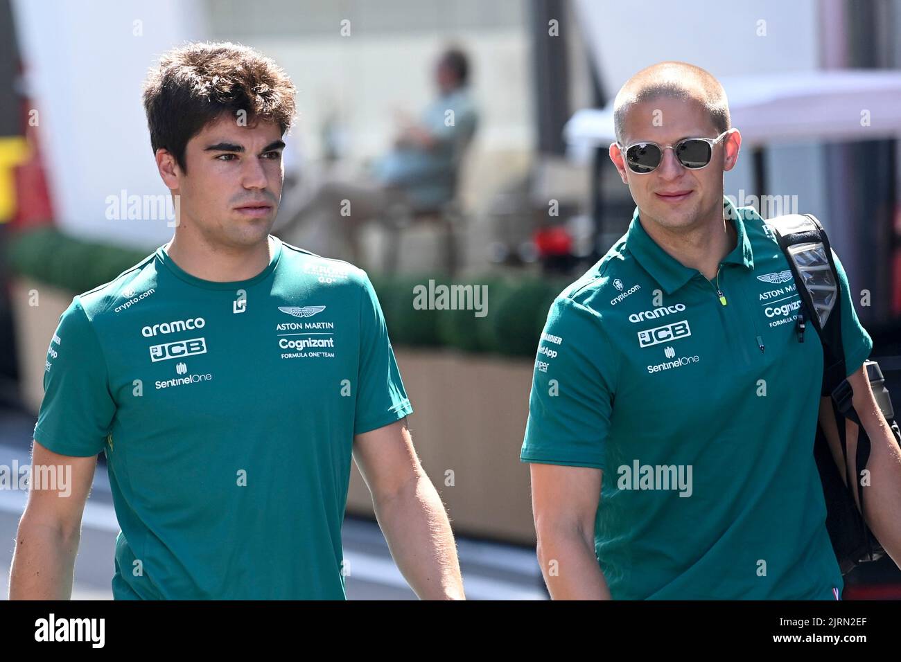 Aston Martin Aramco Cognizant Canadian rider Lance Stroll (L) pictured during preparations for the Grand Prix F1 of Belgium race, in Spa-Francorchamps, Wednesday 24 August 2022. The Spa-Francorchamps Formula One Grand Prix takes place this weekend, from August 26th to August 28th. BELGA PHOTO DIRK WAEM Stock Photo