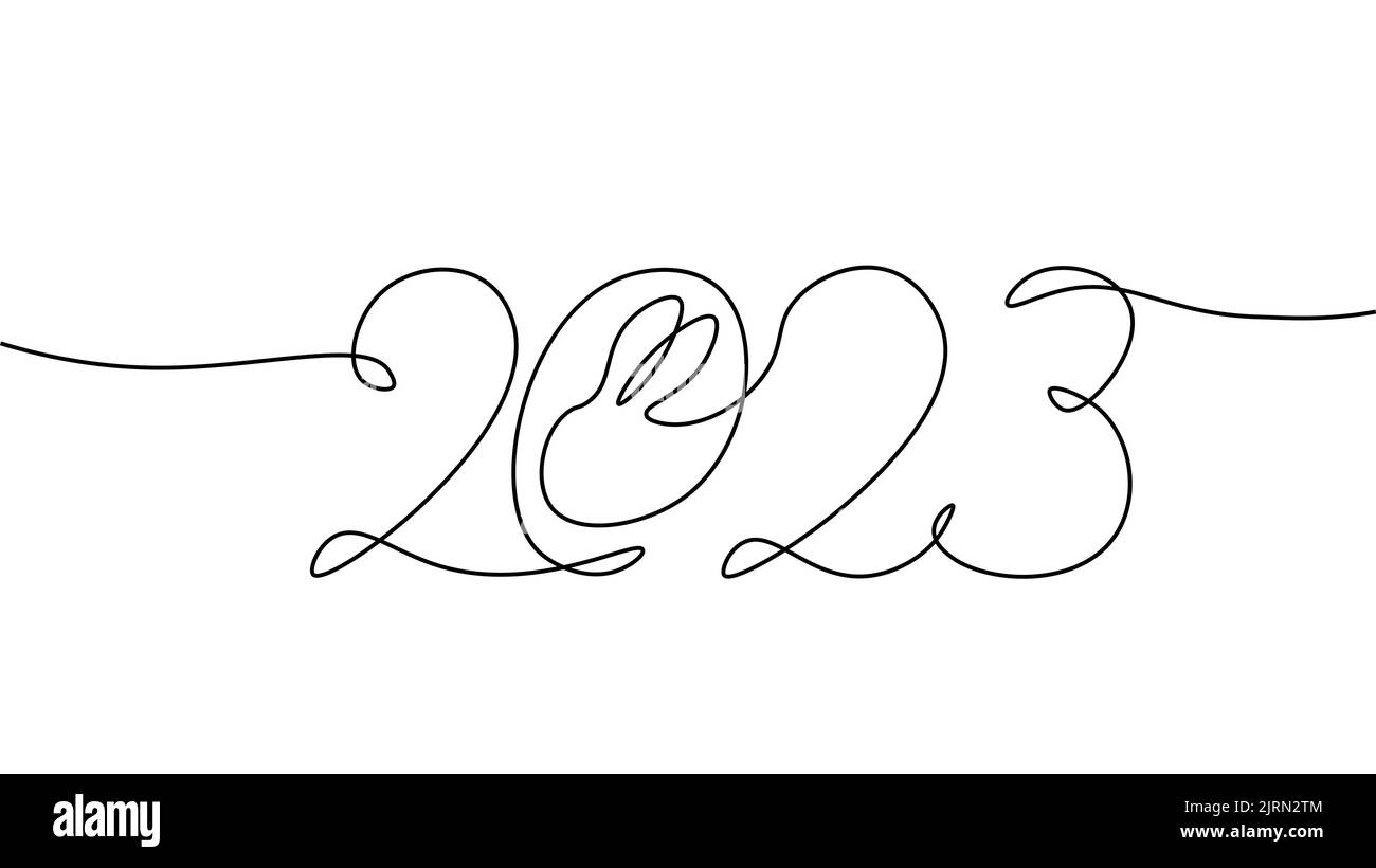 2023 New Year single continuous line art. Holiday greeting card headline decoration. Date numbers concept design. One sketch outline drawing white Stock Vector