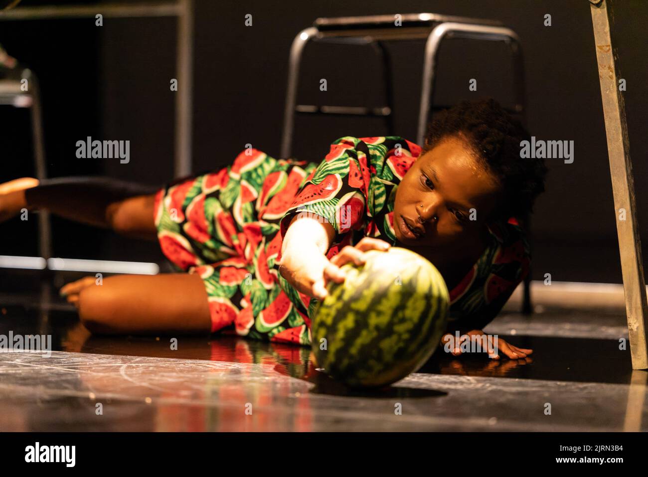Edinburgh, United Kingdom. 25 August, 2022 Pictured: Through the exploration of Zimbabwean writer and performer mandla’s fragmented LGBTQ asylum and childhood migration memories, as british as a watermelon asks powerful questions about belonging, trauma and forgiveness. Playing between 23 - 26 August as part of the Edinburgh International Festival Credit: Rich Dyson/Alamy Live News Stock Photo