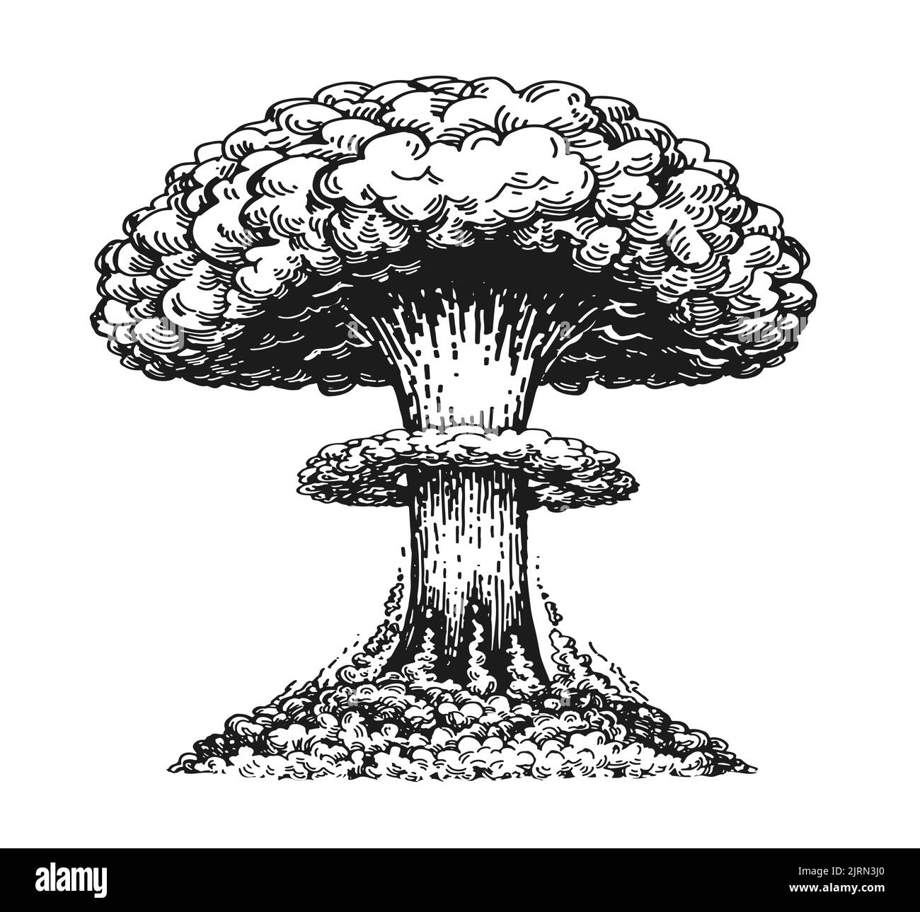 Nuclear explosion. Atomic bomb, mushroom cloud sketch. Radiation and destruction. Weapon vector illustration isolated Stock Vector