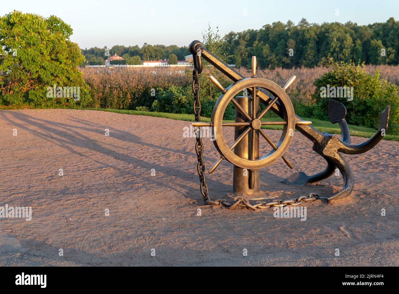 RUSSIA, PETERSBURG - AUG 19, 2022: anchor wheel water peterburg steering blue coast sand travel, for ship maritime in vacation from art port, animal Stock Photo