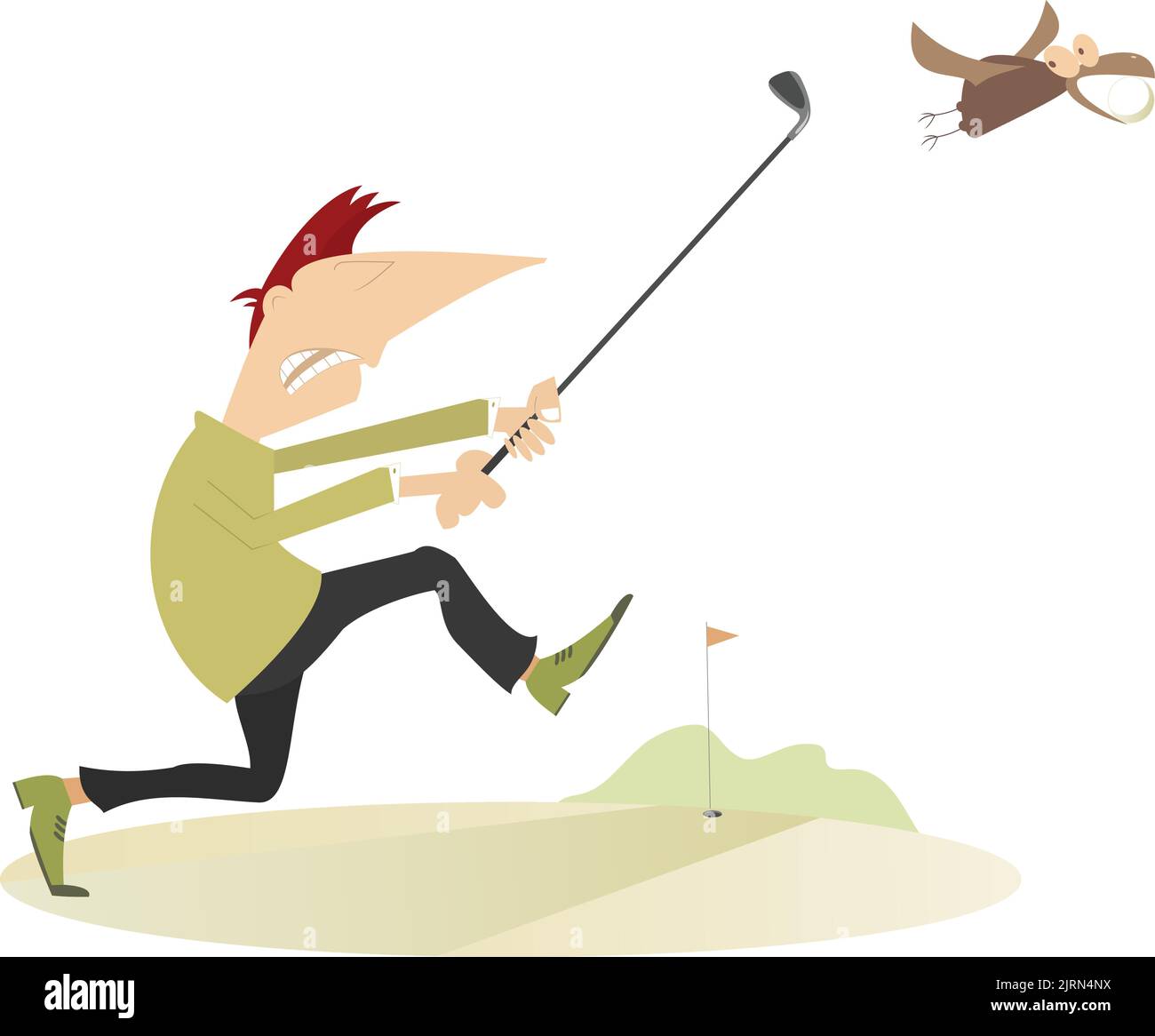 Angry golfer. Angry golfer runs for the bird which stealing his golf
