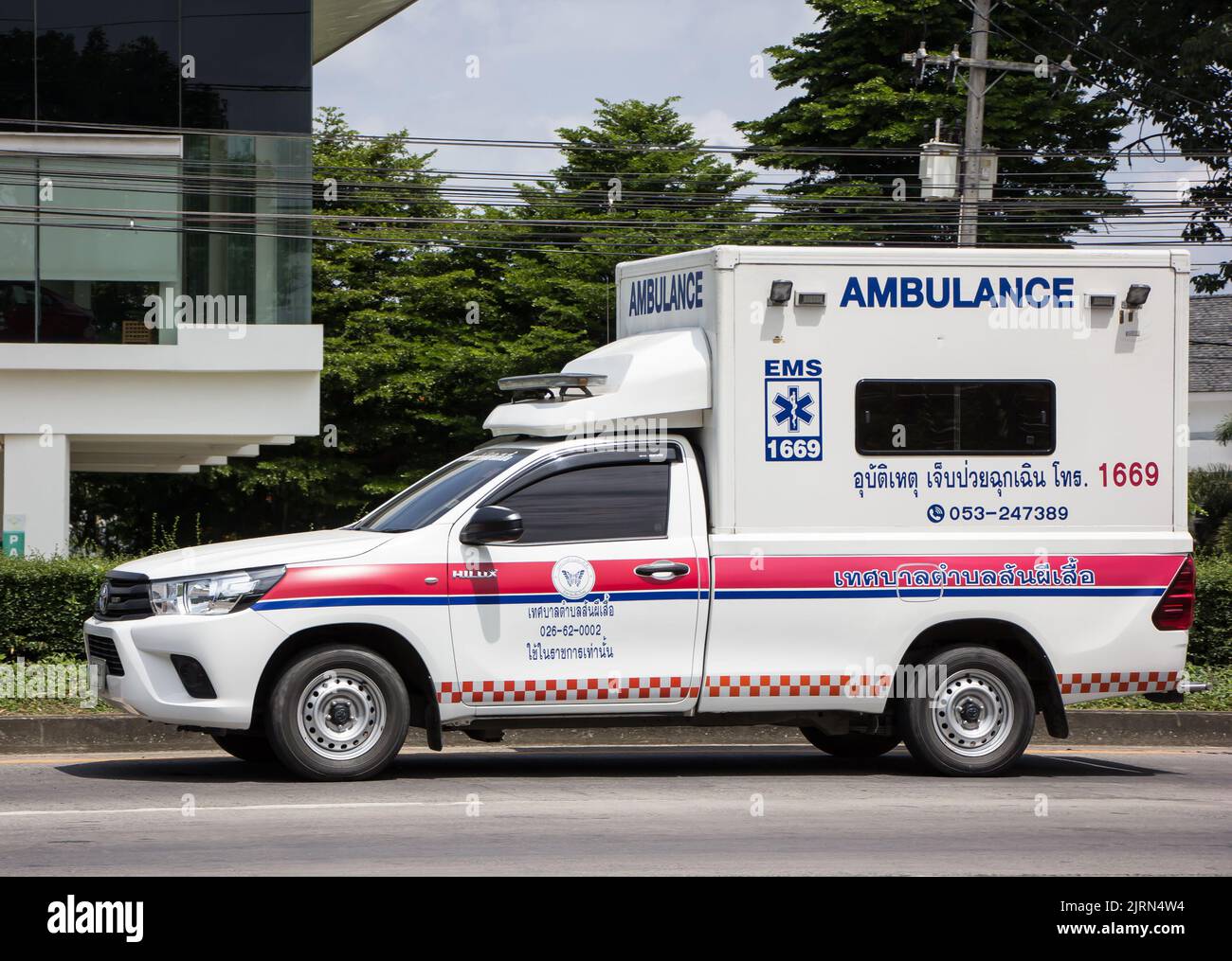 Chiangmai, Thailand -  June  13 2022: Ambulance van of San Phi Sue Subdistrict Administrative Organization. Photo at road no.121 about 8 km from downt Stock Photo