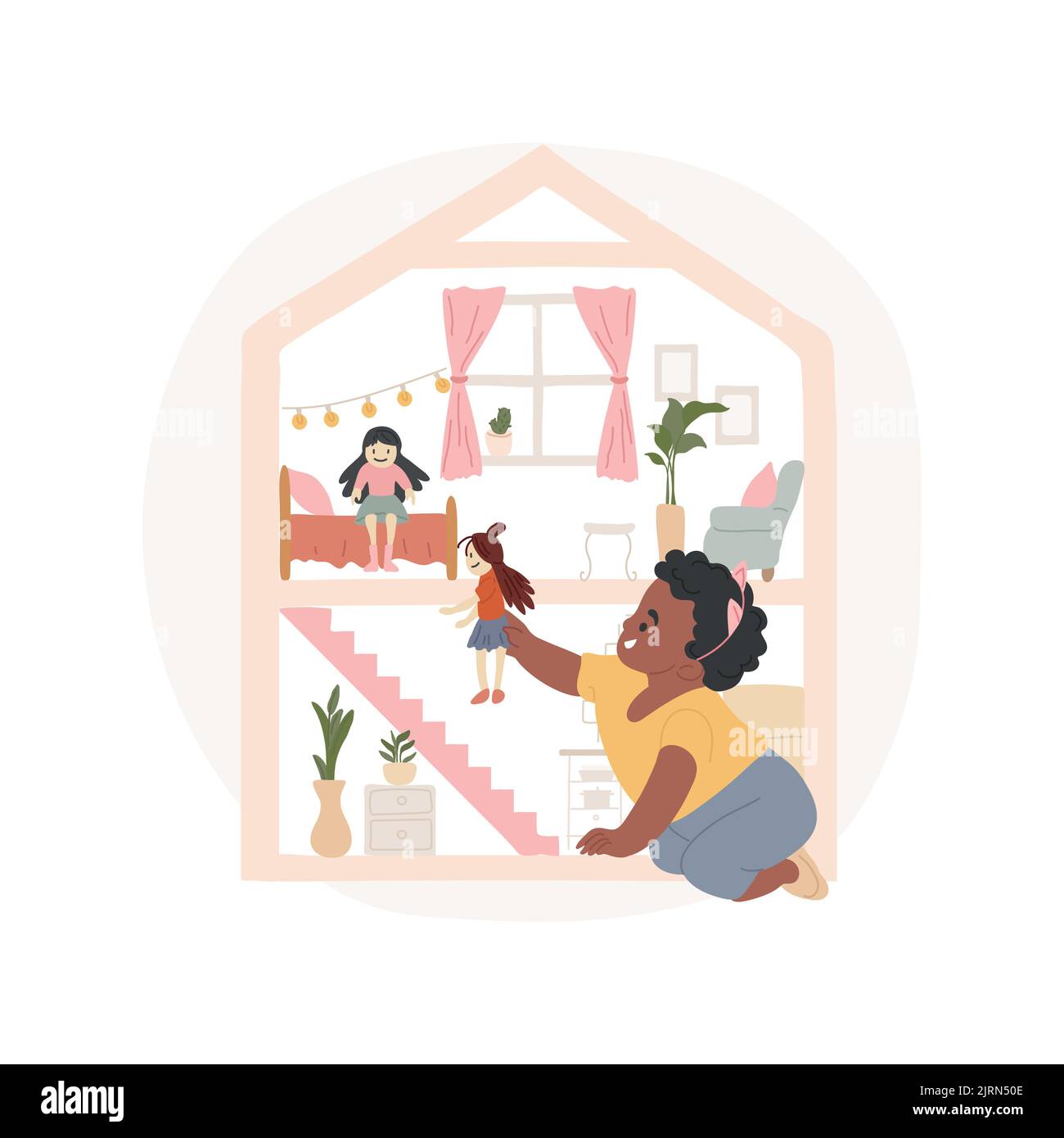 Dollhouse isolated cartoon vector illustration. Girl playing doll