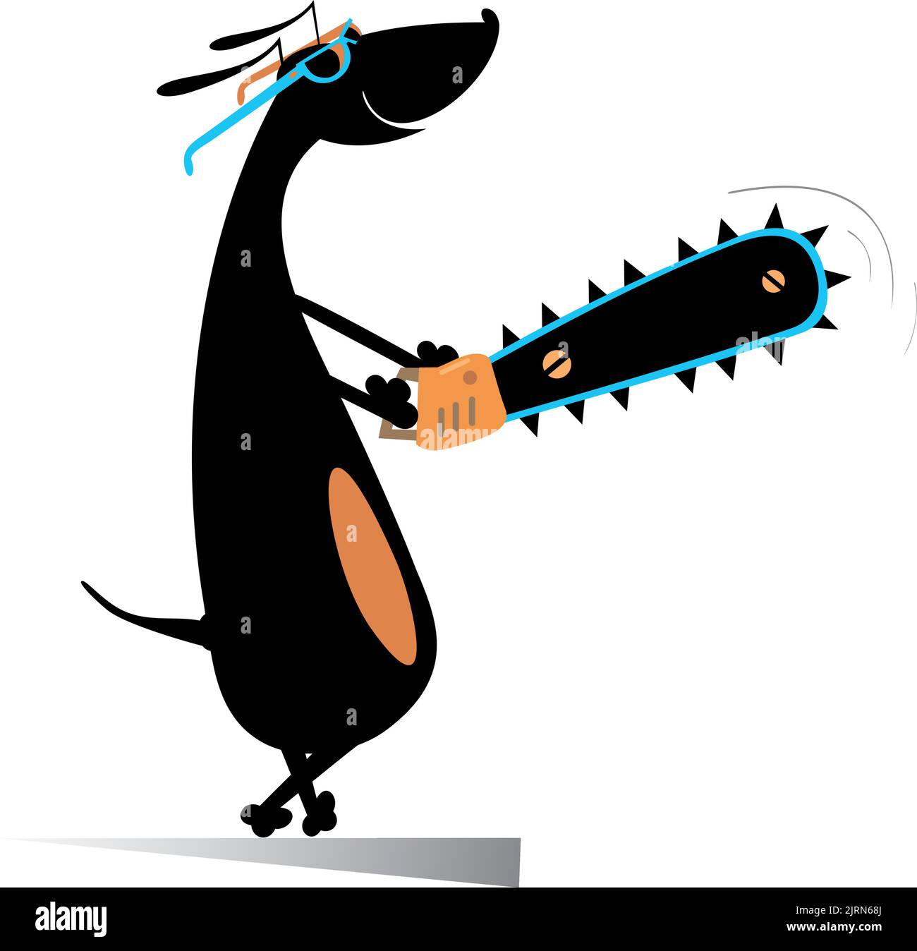 Smiling dog with chainsaw illustration. Cartoon dog a worker holding a