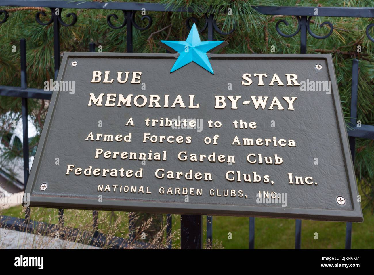 STILLWATER, MN, USA - AUGUST 24, 2022: Blue Star Memorial By-Way Sign at Stillwater Minnesota Veterans Memorial. Stock Photo
