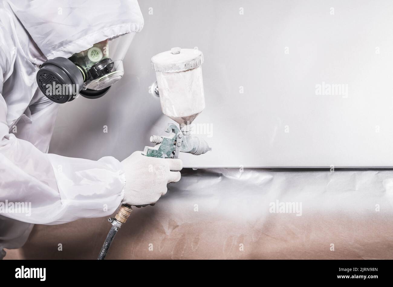 Automotive Industry Painter Worker Wearing Breathing Safety Mask and