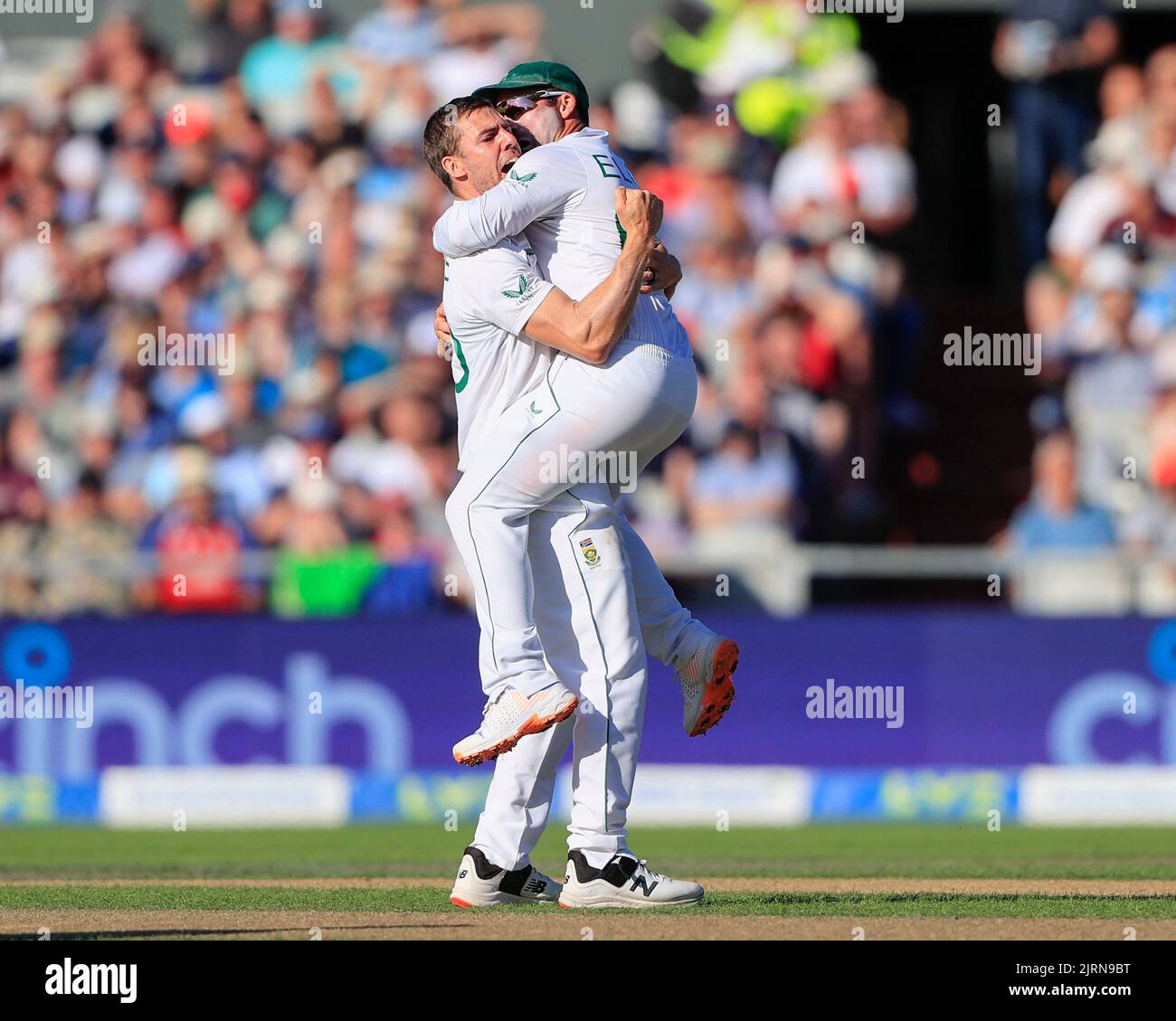Anrich Nortje of South Africa celebrates taking the wicket of Ollie ...