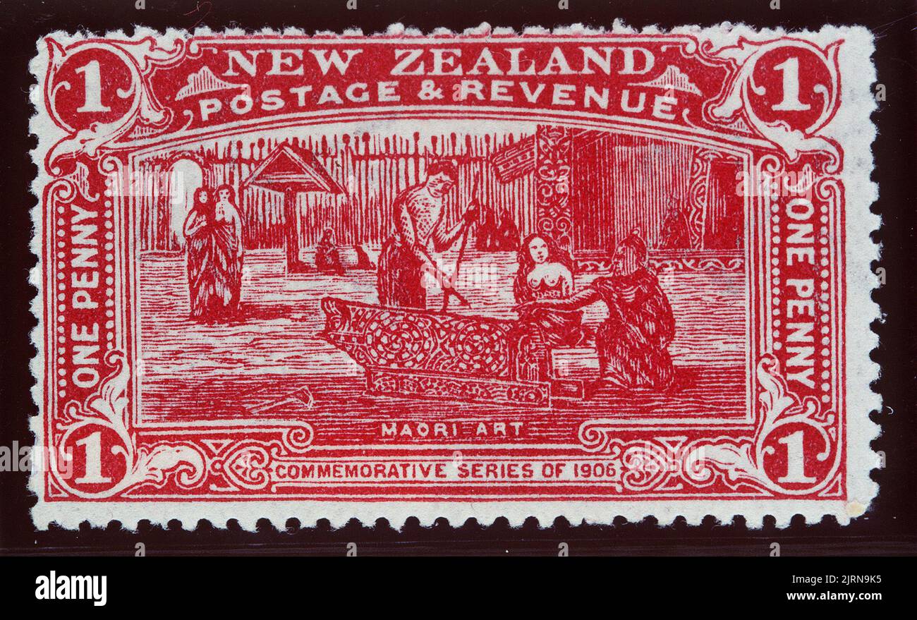 Issued one penny 'Maori Art' Christchurch Exhibition stamp in claret, 1906, New Zealand, by